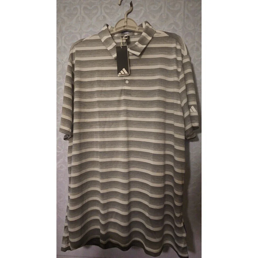 Adidas Golf polo‎ shirt mens 2XL Grey white striped performance active NWT D30